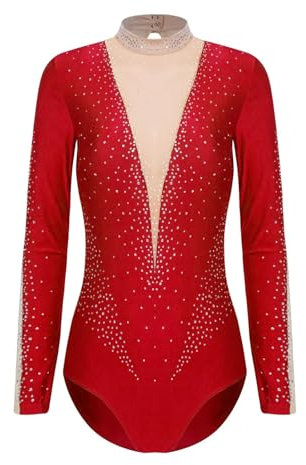 UMDGJRBW Gymnastik-Overalls for Frauen, Ballett-Tanz-Trikot, durchsichtiges Netz, Patchwork, langärmeliger Bodysuit, Femme, Yoga, Eiskunstlauf-Overall(Red,M)