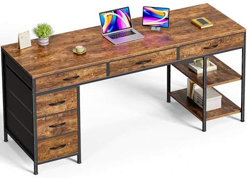 Huuger Computer Desk with 6 Drawers, 63 Inch Office Desk with Shelves, Reversible Gaming Desk, Corner Desk with Storage, for Home Office, Study, Living Room, Rustic Brown