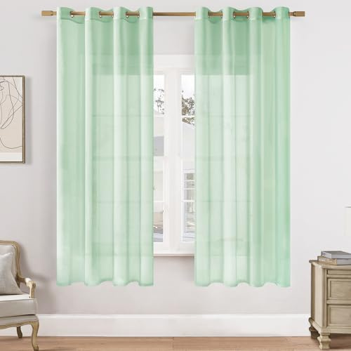 Softalker Grüne Gardinen mit ösen Vorhänge Transparent Stores Gardine Schal 160 cm Hoch Leinenoptik Vorhang 2er Set für Schiene Fenstergardinen Curtains Deko Wohnzimmer Schlafzimmer,140cm Breit