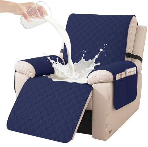 YSTELLAA Sesselschoner Wasserdichter 1 Sitzer, Sesselschoner Für Relaxsessel Mit Taschen, Sessel Bezug Anti-Rutsch Kratzfest, Sesselschoner Mit Armlehne, Für Kindern Und Haustieren, Dunkelblau | Sesselbezug, rutschfest, mit Seitentaschen, elektrischer Relaxsessel, waschbar