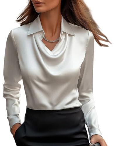 Onsoyours Chemisier Femme Satin à Col en V Manches Longues Chemise Chic et Élégante Casual Soie Shirts Tops A Blanc M