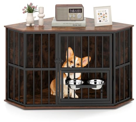 COSTWAY Corner Dog Crate Furniture, Indoor Wooden Dogs Kennel Side Table with Adjustable Feeder, 2 Stainless Steel Bowls & Lockable Door, Heavy-Duty Pet House for Small Medium Large Puppies