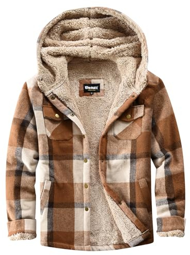 Elesuit Damen Fleece Flanell Jacke Plaid Sherpa Gefüttert Jacke Langarm Knopfleiste Kapuzenjacken für Frauen, Braun, L