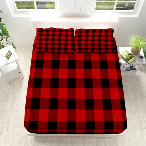 Spannbettlaken 90x200cm Kariert 3D Rot-Schwarz Kariert Bettlaken Topper Spannbettlaken 90x200 Weiche Mikrofaser Spannbetttuch 30 cm Höhe mit 2 Kissenbezügen A.2403