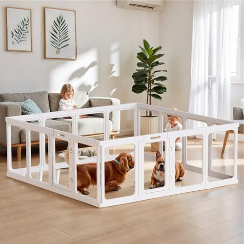 Gardner Pet Acryl Welpenauslauf, 60 cm, 14 PCS +2, Weiß | Mit Tür, Faltbar, Transparent, Mit Saugnäpfen, Für Welpen, Kaninchen, Katzen, Schweine