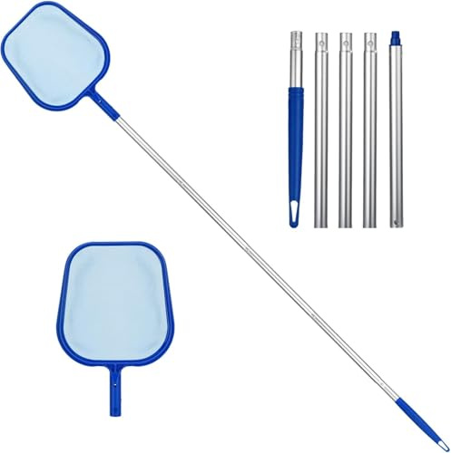 KOMUNJ Swimming Pool Skimmer Net, Adjustable 5 Connecting Aluminium Telescopic Pole, Fine Mesh Leaf Skimmer Netting for Garden Pond Hot Tub Net, for Catching Floating Leaves, Insects