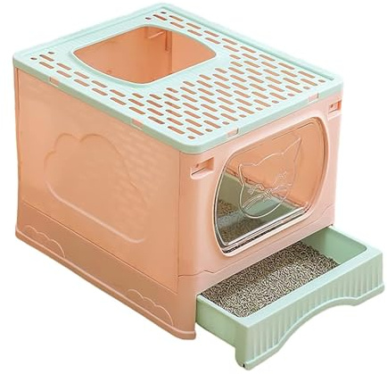 Gatitos Baño para Gatos Caja De Arena para Gatos Plegable Antisalpicaduras Entrada Superior con Tapa Y Cuchara para Tipo Cajón Plástico Hogares(Pink)