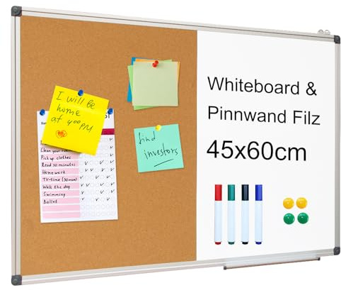 XIWODE Whiteboard Magnetisch & Pinnwand Kork - 2in1 Kombitafel: Magnettafel 60x45 cm, Weiße Abwischbare Magnetwand, Cork Korkwand inkl. Zubehör zum Aufhängen an der Wand für Zuhause, Büro, Schule