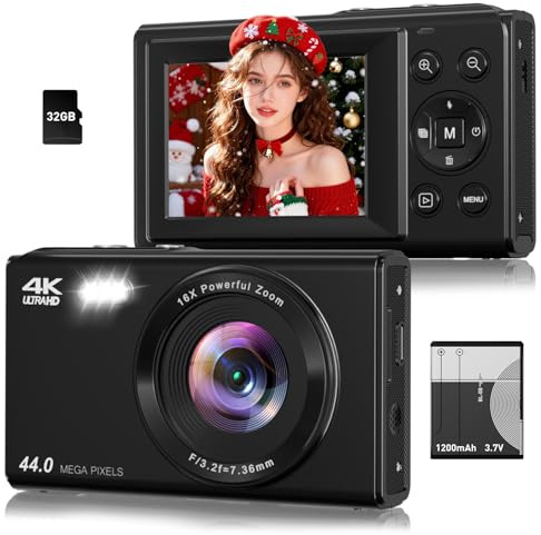 Appareil photo numérique, 4K 44MP Autofocus Point and Shoot Camera avec zoom 16x LCD 6,1 cm Appareil photo compact portable pour enfants, adolescents, garçons, filles, adultes (Noir)