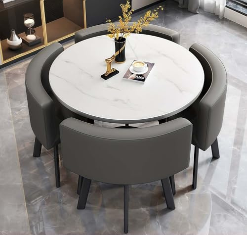 AMZSEW Essgruppe 5-Teilig, Küchenstühle Runder Esstisch und 4 Kunstleder Esszimmerstühle, Küchentisch esszimmertisch 90 cm, für 4-6 Personen, für Esszimmer, Küche, Wohnzimmer, modern