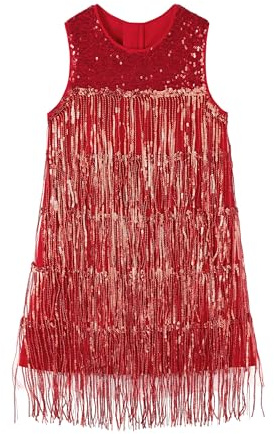Miipat Abito con Frange di Paillettes per Ragazze, Vintage Scintillante Frangie Abiti Bambina Senza Maniche Bambini Vestito da Flapper per da Festival da Festa Danza(Rosso,7-8 Anni)