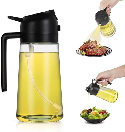 QiMan Spruzzatore per olio da cucina 470 ml, olio d'oliva 2 in 1, spruzzatore di olio e spruzzatore di olio, spray per airfryer, olio per cucinare, grigliare, cucina, friggitrice ad aria calda
