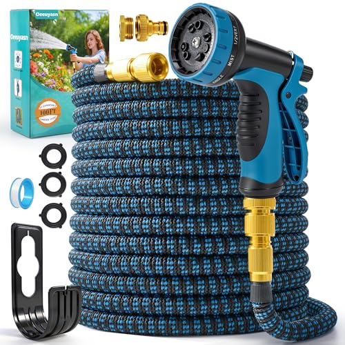 Expandable Garden Hose Pipe 100FT with 10-Pattern Spray Nozzle, 3/4& 1/2 Alloy Fittings, Retractable Flexible Hose Pipe, Kink-Free, Leak-Proof, Expanding Water Hose for Gardening, Washing, Bathing