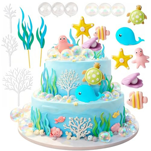 17Pcs Under the Sea Cake Decorations Set, Ocean Theme Cake Decoration for Boys, Sea Animals Cake Toppers with Octopus Whale Turtle, DIY Cake Toppers for Ocean Theme Baby Shower Birthday Party