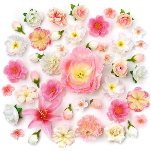 MELLIEX 44 stycken konstgjorda blomhuvuden dekoration, 16 sorters små tygblommor 1,7–9 cm för DIY-hantverk och bröllop (rosa och vit)