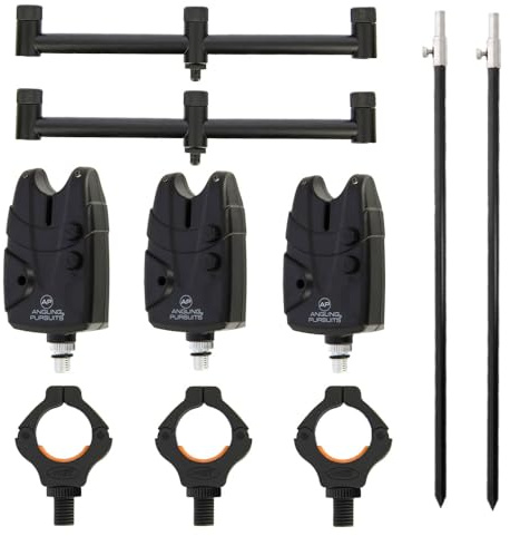 Angel Rutehalter Set für 3 Ruten - 2 Teleskop Bank-Sticks 50-90 cm, 2 Buzzer-Bars, 3 Magnetische Rutenhalter, 3 Bissanzeiger, Angelrutenhalter Set, Rutenauflage, Angelrutenständer
