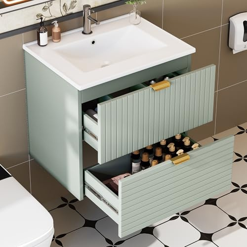 NADEUSAK Lavabo colgante de pared, 61 x 46 x 57 cm, MDF completamente lacado, dos cajones silenciosos, frentes de cajones estructurados horizontal y verticalmente, lavabo integrado, verde menta