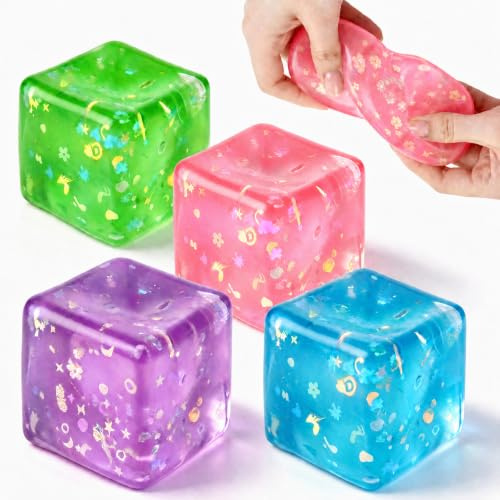 4 Stück Squishy Cube Squeeze Toys, Glitzer Cube Anti Stress Spielzeug | Sensorik Squishy Ball Fidget Toys für ADHD Autismus Stress Abbauen und Spannungen Abbauen Anti Geschenke