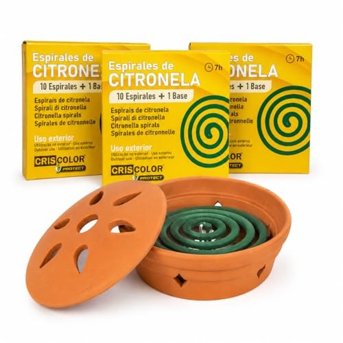 Kit Terraza Antimosquitos 30 Espirales Citronela + Quemador Cerámica Terracota – 7h Espiral – Antimosquitos Exterior Jardín Terraza Balcón – Mugy