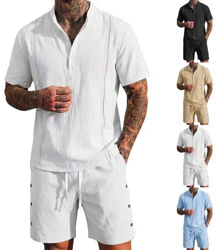 Floracle Herr går ut kläder bomull linne ståkrage sommar skjorta knapp och vardagliga shorts med fickor elastisk midja och dragsko träningströjor set kläder för sommarpromenader, Vitt, M