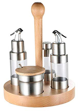 AILZNN 4-teilig Keramik Menage Würze Einstellen, Rostfreier Stahl Essig Und Öl Spenderflaschen, Salz Und Pfefferstreuerge Würz Holz-Server-Halter