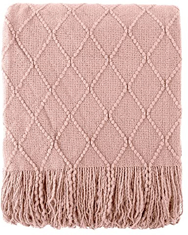 BATTILO HOME Blush Throw Blanket with Tassels, Pink Knit Blanket for Home Decor, Boho Style Textured Knitted Decorative Blanket for Couch, Sofa &Bed, 50x60
