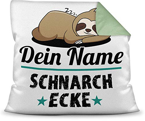 Print Royal Kissen inkl. Füllung Faultier PERSONALISIERT mit Wunschname für - Ihr Name Schnarchecke - Kuschelkissen/Lustige Geschenkidee/Freunde/Familie/Geburtstag - Farbkissen Rückseite Seegrün