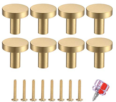 HaoChen 8 Pièces Boutons de Porte, Laiton Rond Monotrou Poignée, Vintage Poignées Boutons de Meuble, pour Commode, Armoire, Meuble, Porte Placard, avec Vis Assorties et Tournevis - 20 * 23 mm/Or