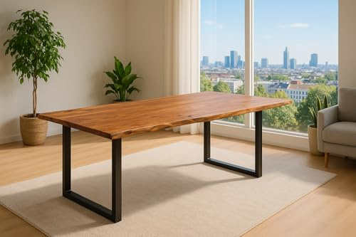 SAM Esstisch Laurina 220x100 cm Akazie Nougat Baumkante U-Gestell schwarz | Baumkantentisch massiv, Akazienholz nougatfarben, Metallgestell, Esszimmertisch