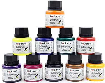 Liquidraw Calligraphy Ink Set - 10 x 35 ml | Assorted Colour Bottles for Dip Pens, Nib Holders & Brushes | Writing, Lettering, Drawing & Illustration Inks for Artists, Students & Beginners