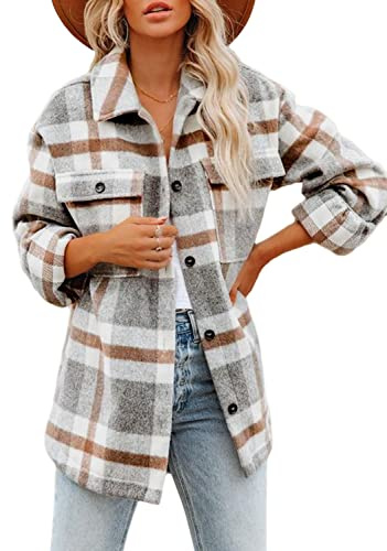 Beaully Plaid Flannel Jacket Long Sleeve Button Down Chest Shirts with Pockets Shacket Coats, Khaki Grey, L