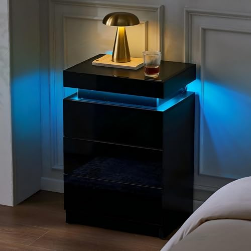 CLIPOP Nachttisch mit LED-Beleuchtung,Einstellbare Farben,Beistelltisch Nachtschrank mit 3 Schubladen und 1 Verstecktes Staufach,Hochglanz Wohnzimmer Schlafzimmer Möbel, Schwarz | Nachtschrank, 45×35×67 cm, für Wohnzimmer & Schlafzimmer,, modernes Design, viel Stauraum, Möbel