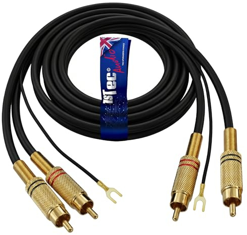 1STec 3m 2 x RCA Red + White Gold Plated Phono Plugs with Ground Wire Earth Tag to stop Feedback Hum Humming Buzz Buzzing Noise from Vinyl Record Player Car Stereo Amplifier HiFi speakers 3 Metre