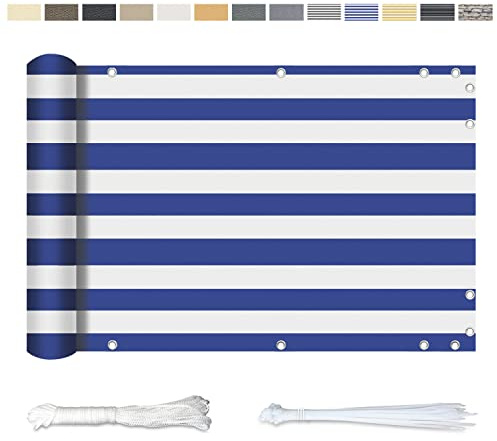 YangAera Balkon Sichtschutz 80x600CM, Windschutz Wasserdicht und UV-Schutz Balkonabdeckung - mit Ösen Kabelbinder und Kordel, für Balkongeländer Terrasse Garten (Blaue und Weiße Streifen)