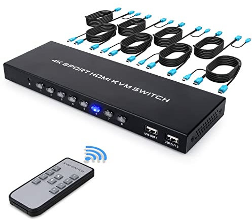 HDMI KVM Switch 8 Port, 4K@30Hz USB KVM Switcher for 8 Computers Share 1 Monitor and 4 USB Devices, 8X1 Switches with Adaptive EDID Wired Remote and 8 HDMI&USB KVM Cables