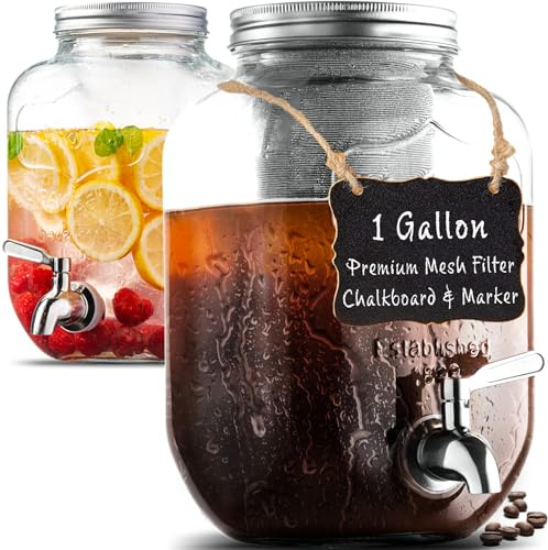 1 Gallon Cold Brew Coffee Maker - 3rd Generation Fine Mesh Filter - Stainless Steel Spigot - Extra Thick Large Glass Mason Jar Drink Dispenser Carafe, Iced Coffee Maker & Sun Tea Pitcher with Infuser.