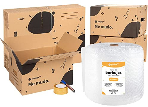 packer PRO Packung mit 5 Boxen aus Karton, 60 x 40 x 40 cm, 10 Boxen Mudanza Karton, 43 x 30 x 25 cm, Klebeband, Luftblasen für Verpackung, permanenter Marker