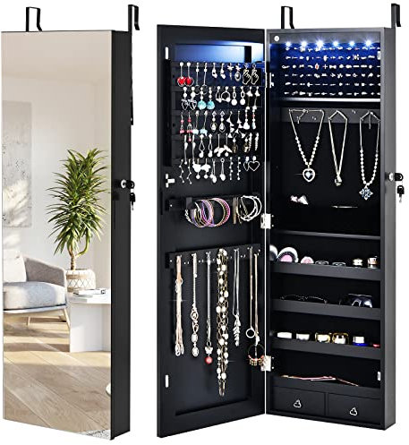 COSTWAY 6 LED Lights Jewelry Cabinet, Door Hanging/Wall Mounted Jewelry Armoire with Full Length Mirror, Lockable Cosmetics Makeup Jewellery Storage Organiser Unit for Bedroom Dressing Room (Black)