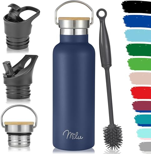 Milu Botella de acero inoxidable 350 ml, 500 ml, 750 ml, 1 l (+3 tapas) – Botella termo con paja, botella de agua, para bebidas calientes, frías y carbonatadas (azul marino, 500 ml)