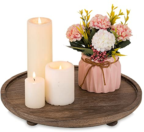 Hanobe Holztablett Rund Deko Tablett: Braun Gewaschen Dekotablett mit Füßen Rustikal Rundes Serviertablett Holz mit Fuss Vintage Shabby Weiss Dekoteller für Kerzen Küche Badezimmer Tisch