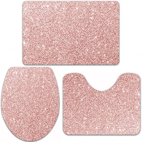 URSOPET Bathroom Set, Rugs Sets 3 Piece,Rose Gold Glitter Blurred Glitter,Anti-Slip Mats and Sets, Absorbent Bath Mat for Tub, Shower, Room, Kitchen