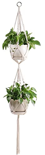 Doppelschicht Makramee Blumenampel Töpfe,Hängeampeln für Pflanzen Innen Outdoor, Boho Deko Hängeblumentöpfe, Hängepflanzen Topf mit Metallhaken für Garden,Living Room,Window Pflanzenampel Balkon Deko