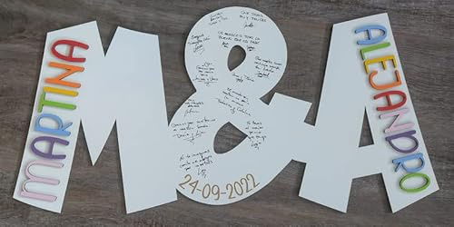Madera de Boj | Cuadro de Firmas Iniciales | Ideal para todo tipo de Celebraciones | Fabricado en Madera Natural en Blanco y Letras Multicolor | Fabricado en España.