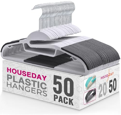 HOUSE DAY 50 Stück Kleiderbügel Kunststoff - Plastik Nass und Trocken Rutschfester Kleiderbügel Platzsparend Kunststoff Strapazierfähig 360°Haken Kleiderbügel（Grau/mit schwarz Gummistab）
