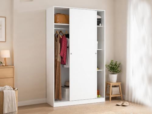 Dmora Guardaroba 2 Ante Denali 50x204h cm Bianco Bianco Lucido Appendiabiti 4 Ripiani, Armadio Camera da Letto 2 Ante