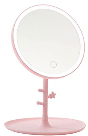 GRSTREE Spiegel mit Beleuchtung LED Wiederaufladbare Touch Dimming Make-up Kosmetikspiegel rund, 3 Farbe Helligkeit Einstellbar Abnehmbarer Tragbarer Tischspiegel（Rosa）