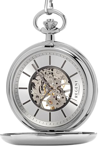 REGENT Herren Taschenuhr Skelett 51 MM Mechanischer Handaufzug incl. Taschenuhren Kette P-769
