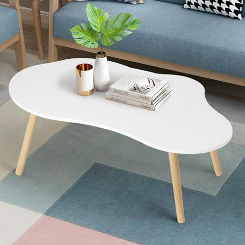 HshDUti Kleiner Couchtisch, moderner Teetisch aus der Mitte des Jahrhunderts, minimalistischer Couchtisch, Wolkenform, ovaler Holztisch, weiße Couchtische für kleine Räume, 101,6 cm L x 50,8 cm B x