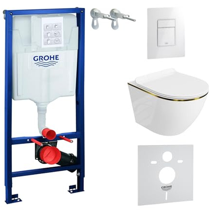 Lavita Vorwandelement Solido + Wand Hänge WC Sofi Slim Gold Line Spülrandlos + WC Sitz mit Absenkautomatik Glänzend Weiß Knopf Komplettset Unterputz Spülkasten Toilette Komplett Sett WC