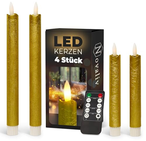Sparset Stabkerzen LED mit Timer Klein+Groß GOLD 4 Stück GOLD indoor - 6 Stunden - ECHTWACHS 18cm+23cm Höhe für Kerzen 2,2cm Durchmesser 2 AAA Batterien notwendig LED Stabkerzen flackernde Flamme